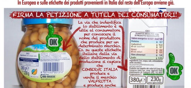 Esempio di etichette italiane e europee senza indicazione delo stabilimento